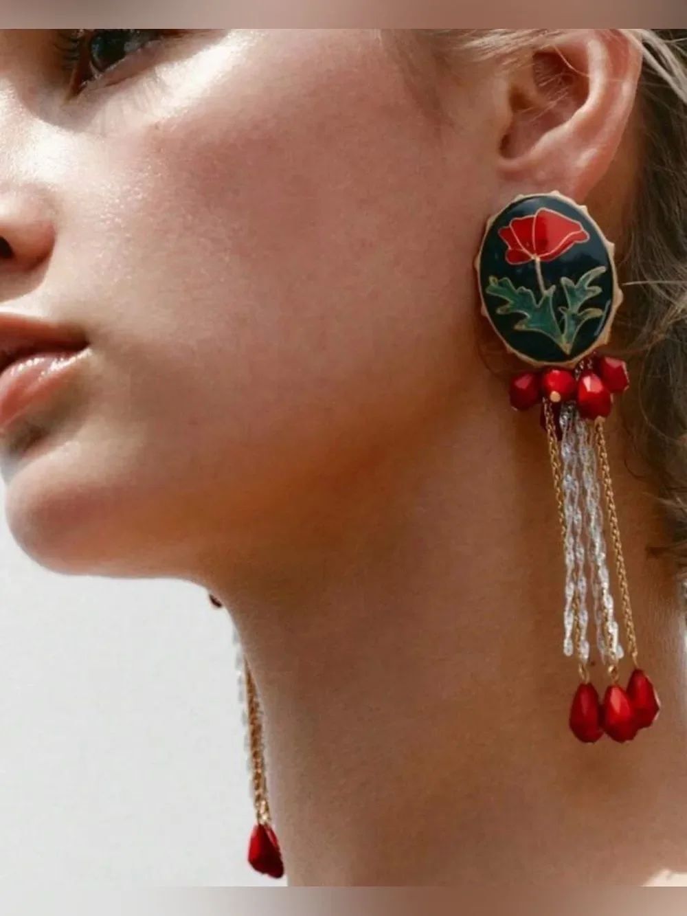 Red and Green Floral Drop Earrings A1695